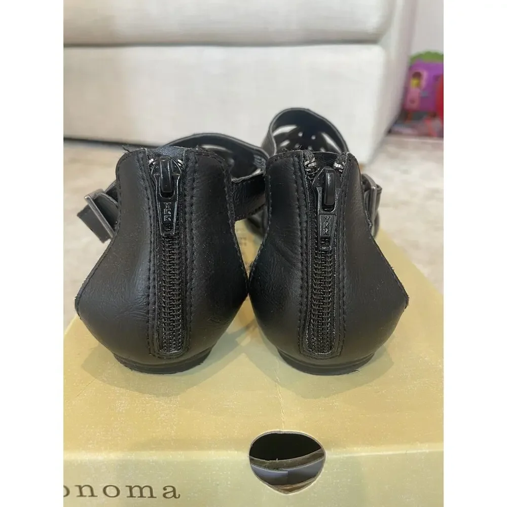Kohls Sonoma Style Sandals Black Metallic Gray‎ Sz 8 Buckle Zip Close EUC W/ Box